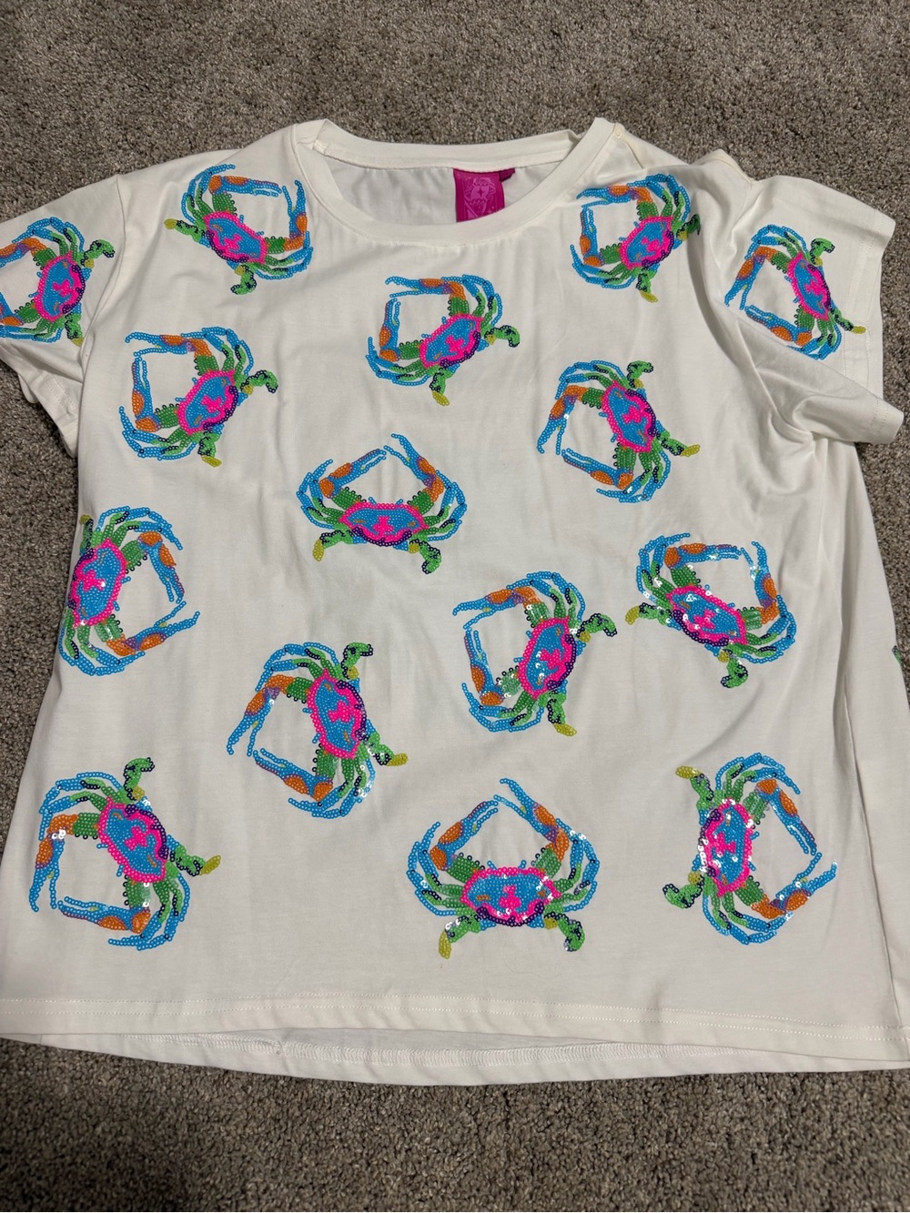 NWOT Queen of Sparkles White Sequin Crab Tee - Bright Multicolor Design